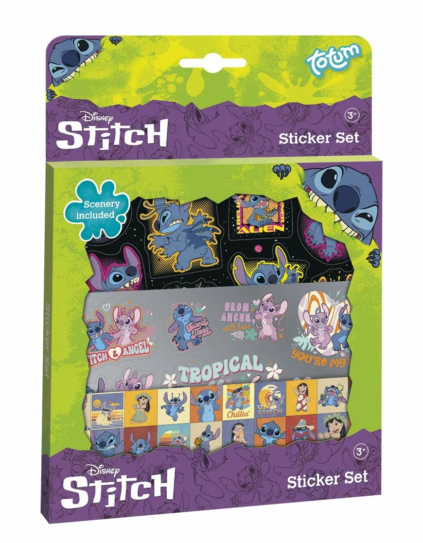 Zestaw naklejek Stitch: kolorowe pudełko z 3 arkuszami i obrazem krajobrazowym – idealny prezent dla dzieci i artykuły do majsterkowania