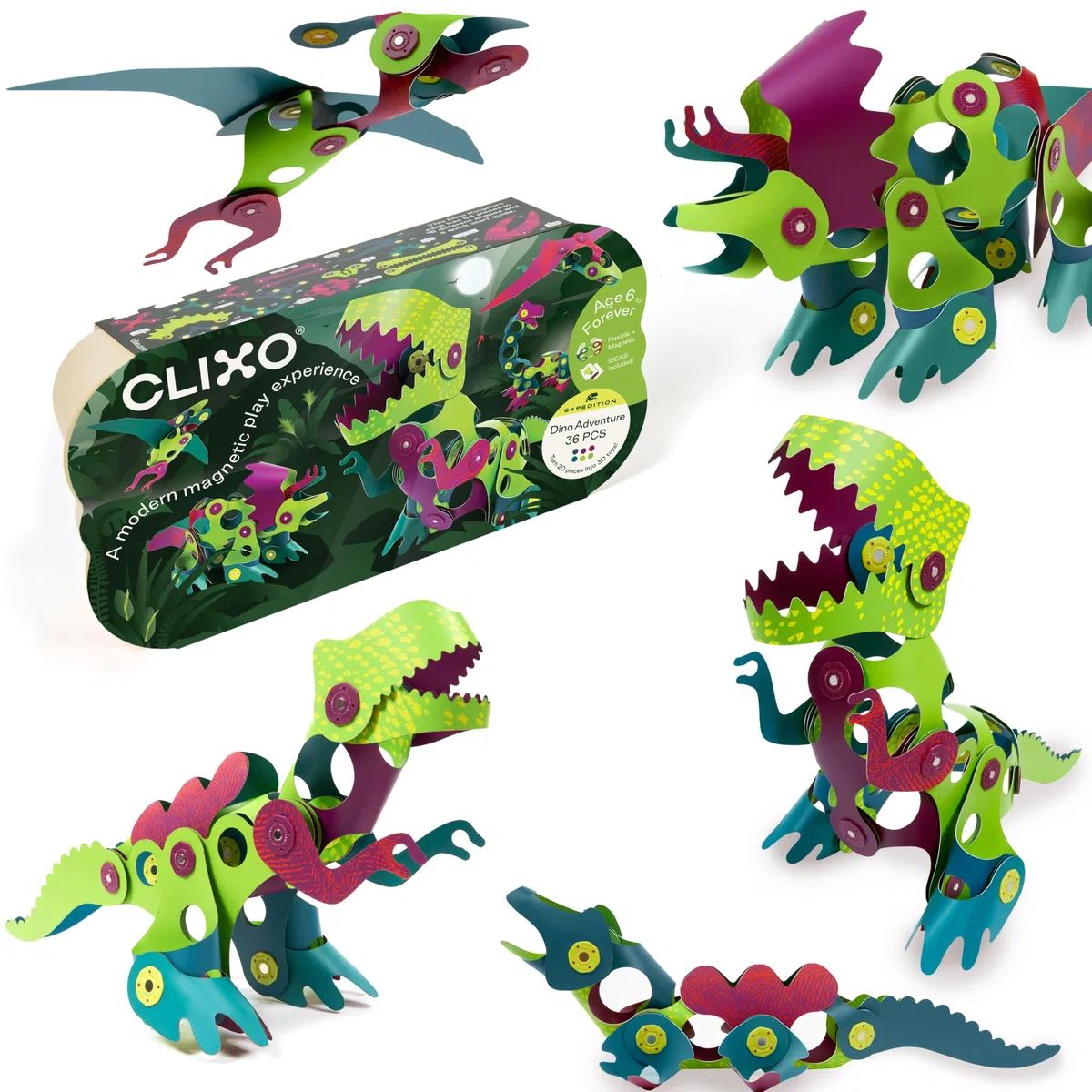 Clixo Dino Adventure Zestaw do budowania magnetycznych dinozaurów, 36 sztuk, elastyczne figurki 3D, zabawka edukacyjna dla dzieci