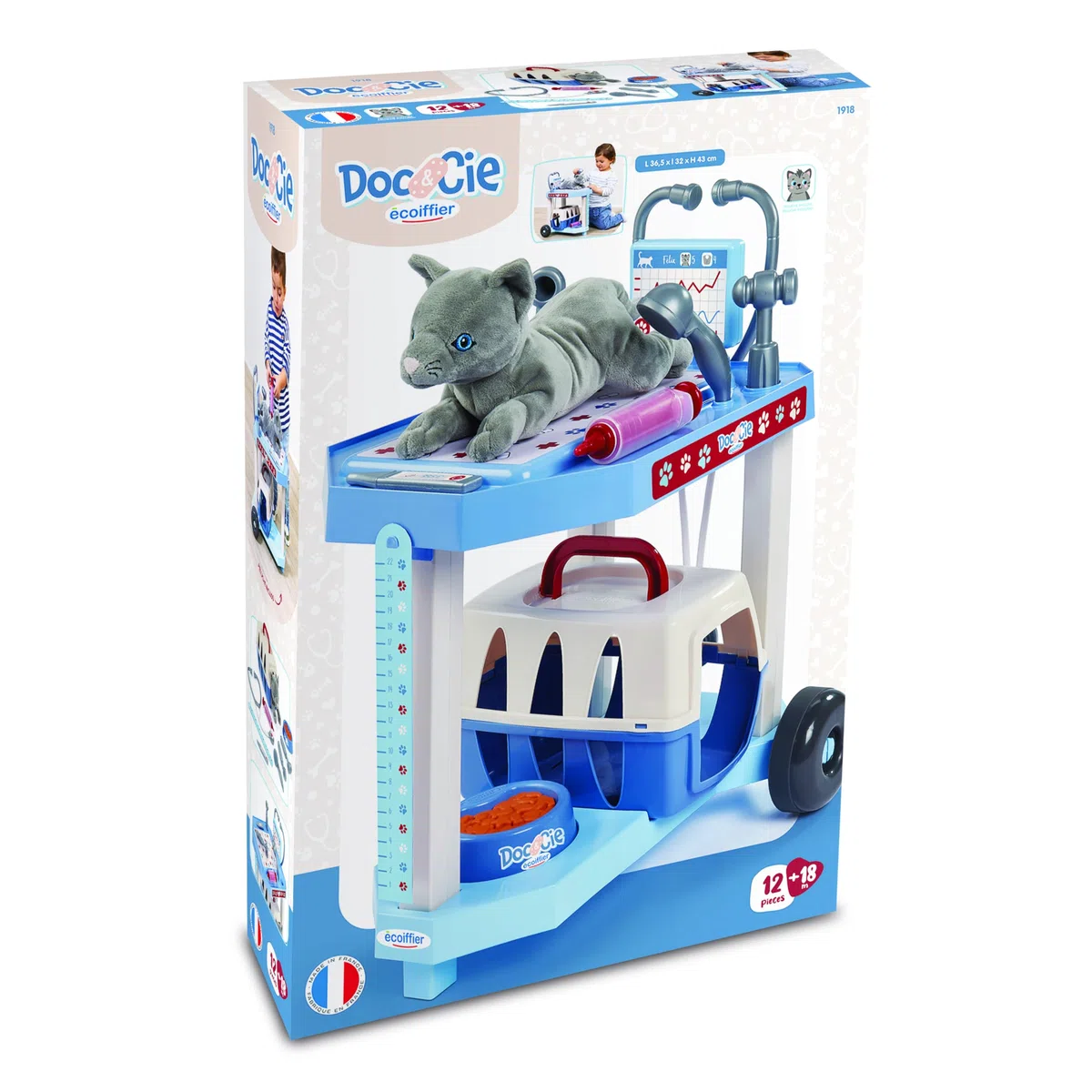 Ecoiffier Toys - 1918 - zestaw weterynaryjny dla kota - klinika tocząca się + 9 akcesoriów + pluszowy kot - zestaw imitacji - od 18 miesięcy - Wyprodukowano we Francji