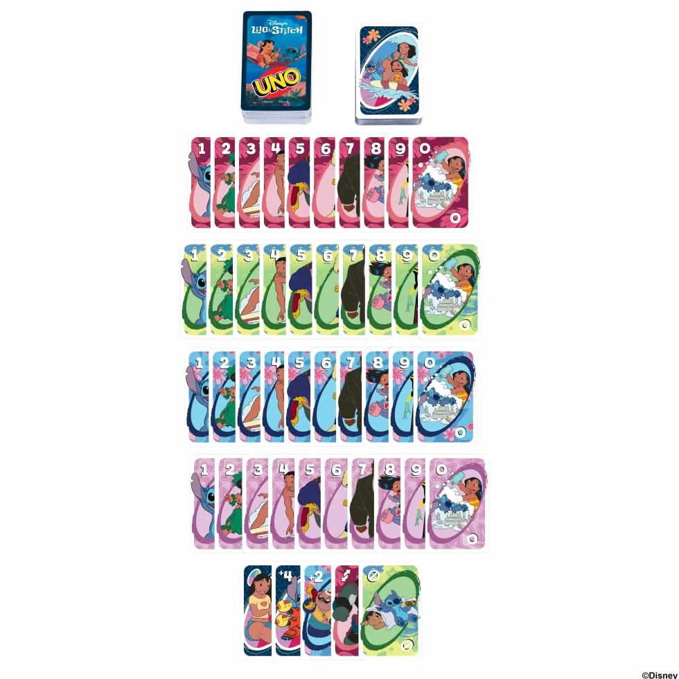 Mattel Games Karty UNO Disney Lilo i Stitch Gra karciana dla dzieci, dorosłych i rodzin z talią i regułą specjalną inspirowaną filmem, JCC10
