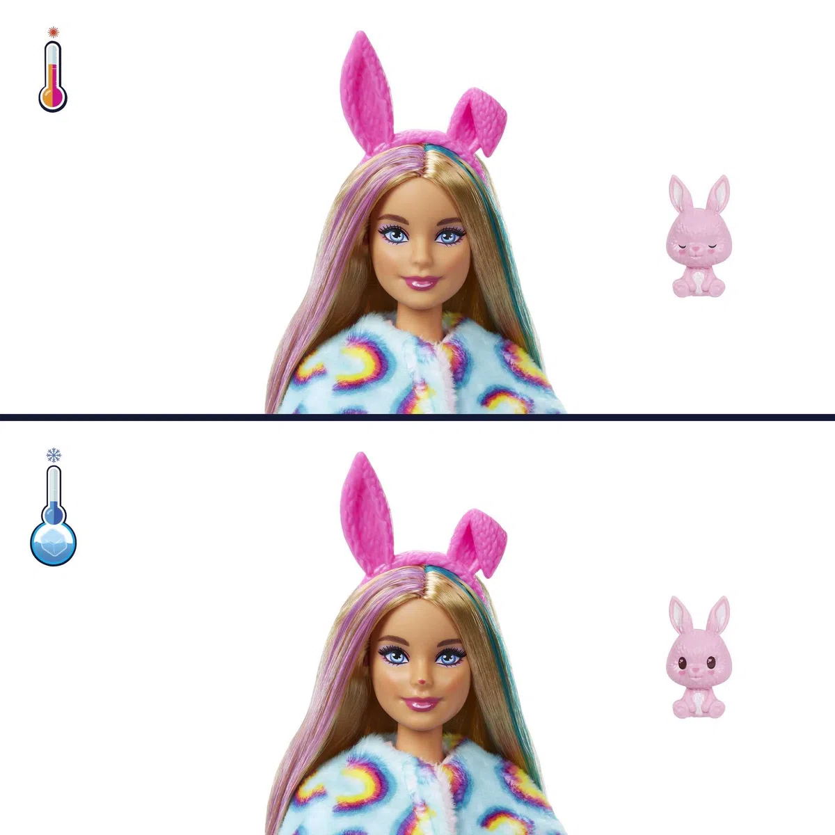 Barbie Cutie Reveal Lalka z kostiumem króliczka i 10 niespodziankami, w tym minizwierzątkiem + zmiana koloru, prezent dla dzieci od 3 roku życia, HHG19