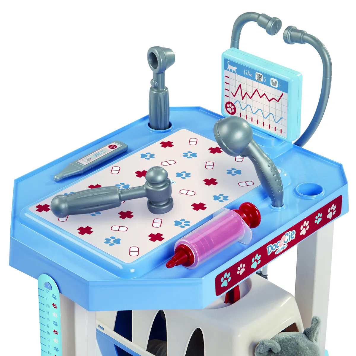 Ecoiffier Toys - 1918 - zestaw weterynaryjny dla kota - klinika tocząca się + 9 akcesoriów + pluszowy kot - zestaw imitacji - od 18 miesięcy - Wyprodukowano we Francji