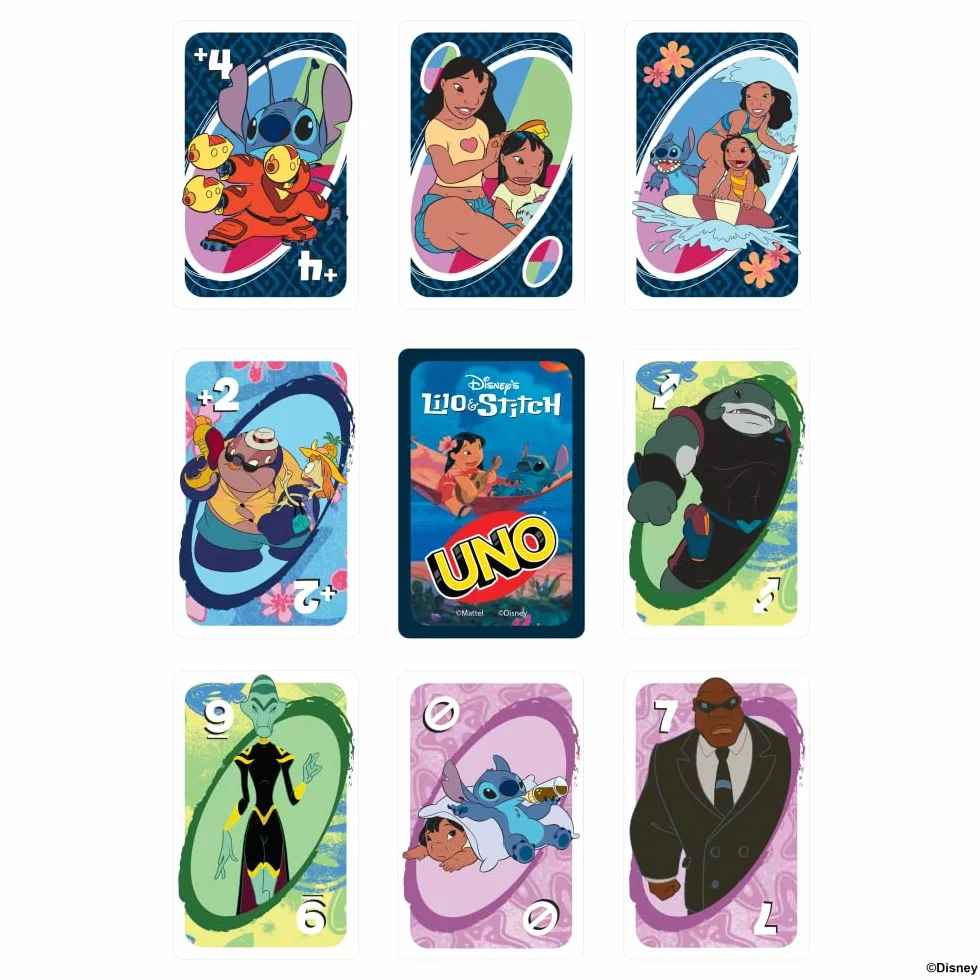 Mattel Games Karty UNO Disney Lilo i Stitch Gra karciana dla dzieci, dorosłych i rodzin z talią i regułą specjalną inspirowaną filmem, JCC10