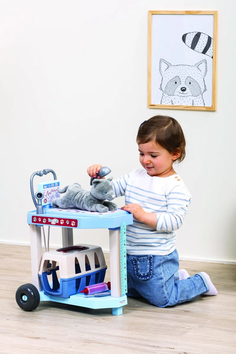 Ecoiffier Toys - 1918 - zestaw weterynaryjny dla kota - klinika tocząca się + 9 akcesoriów + pluszowy kot - zestaw imitacji - od 18 miesięcy - Wyprodukowano we Francji