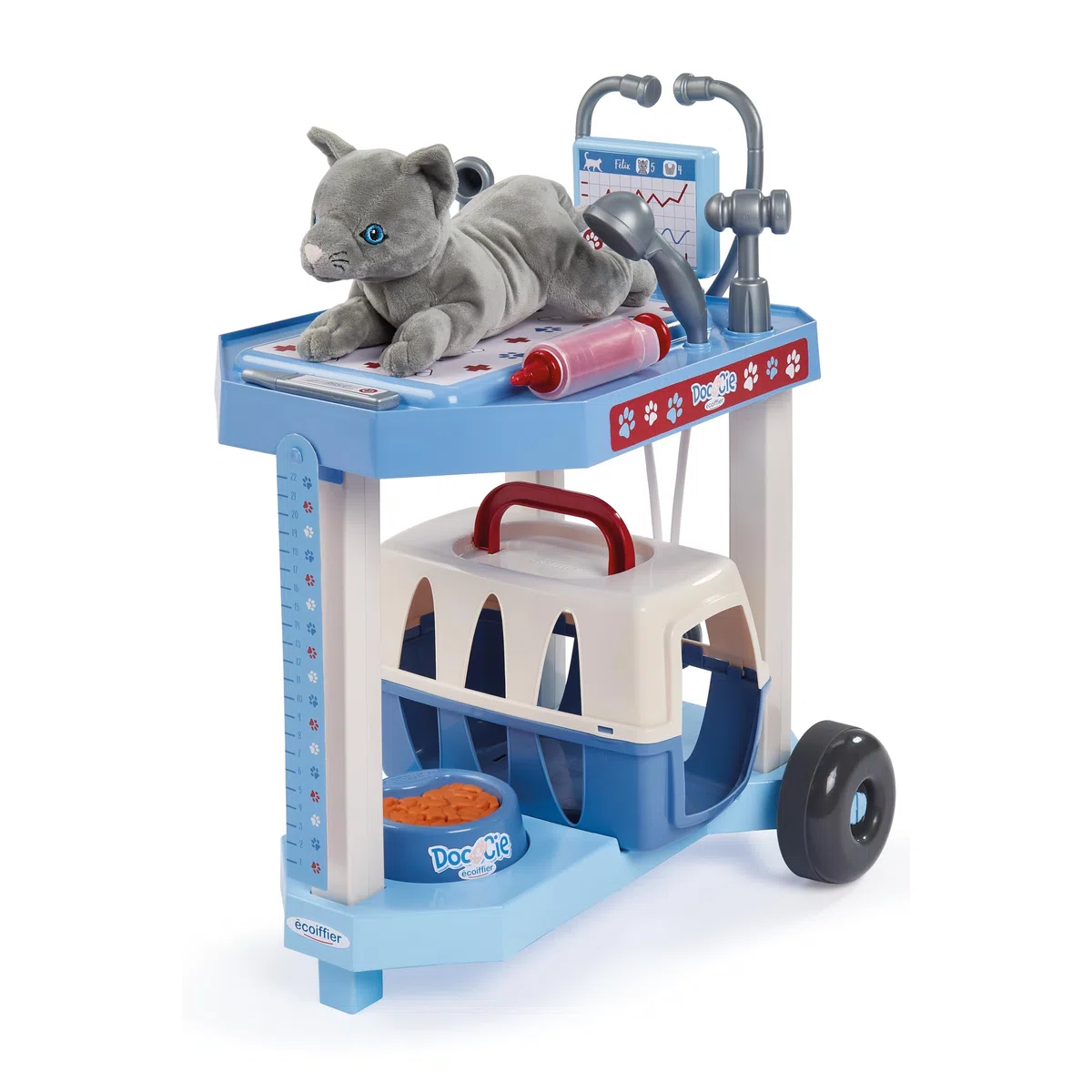 Ecoiffier Toys - 1918 - zestaw weterynaryjny dla kota - klinika tocząca się + 9 akcesoriów + pluszowy kot - zestaw imitacji - od 18 miesięcy - Wyprodukowano we Francji