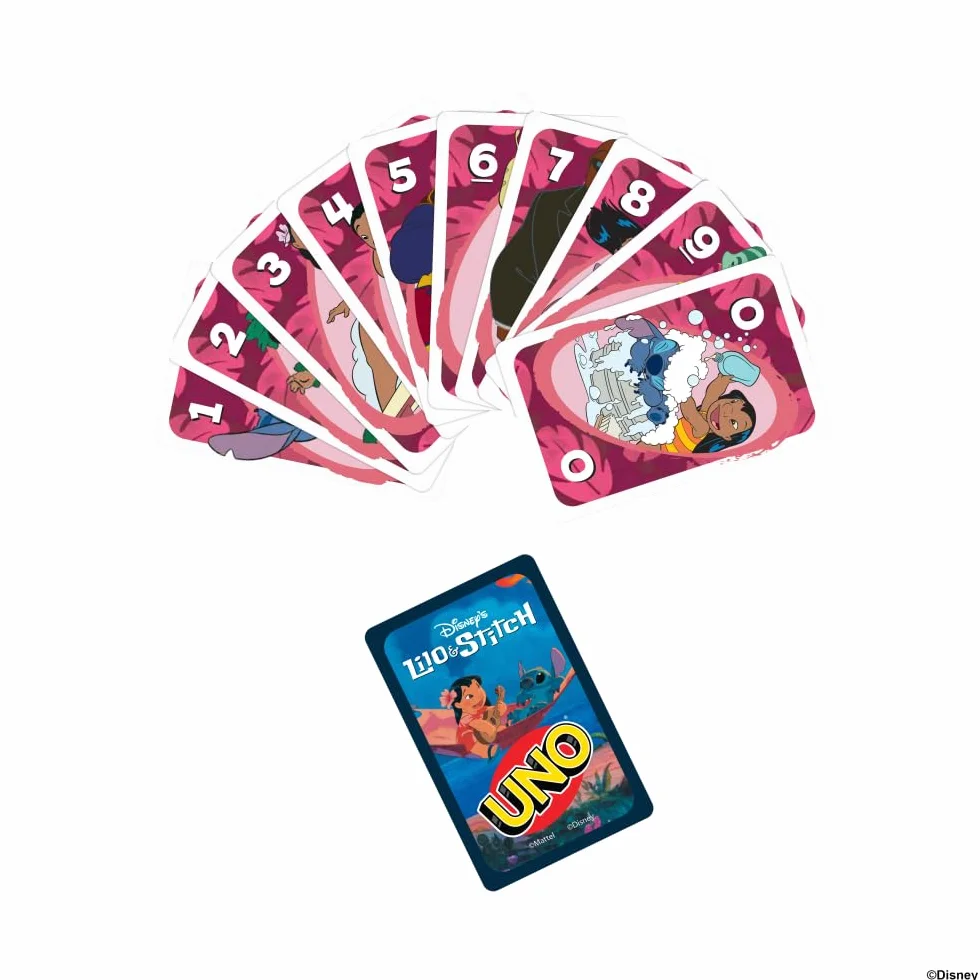 Mattel Games Karty UNO Disney Lilo i Stitch Gra karciana dla dzieci, dorosłych i rodzin z talią i regułą specjalną inspirowaną filmem, JCC10