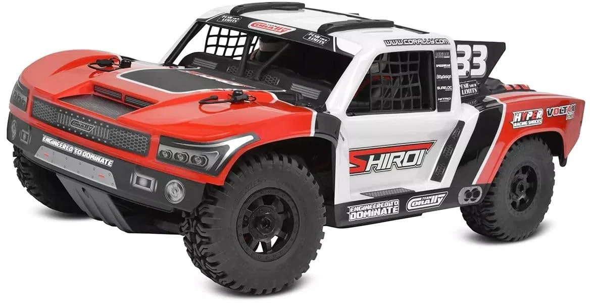 Corally Team SHIROI XP 6S, 1:8 RC Short Course Truck, 100 km/h czerwone aluminium 6061-T6 podwozie, z pilotem zdalnego sterowania 2,4 GHz
