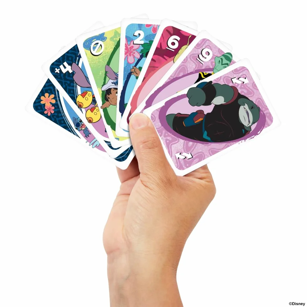 Mattel Games Karty UNO Disney Lilo i Stitch Gra karciana dla dzieci, dorosłych i rodzin z talią i regułą specjalną inspirowaną filmem, JCC10