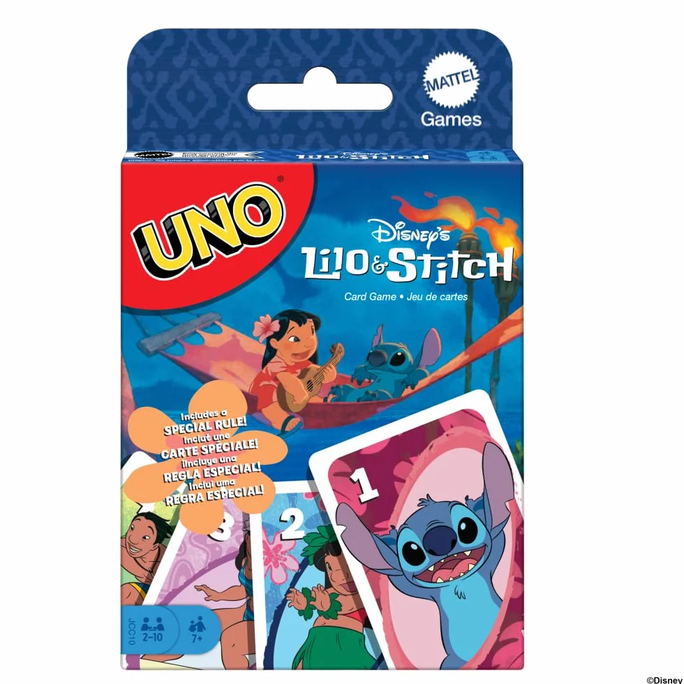 Mattel Games Karty UNO Disney Lilo i Stitch Gra karciana dla dzieci, dorosłych i rodzin z talią i regułą specjalną inspirowaną filmem, JCC10