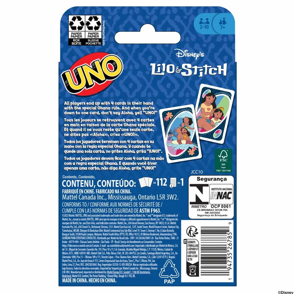 Mattel Games Karty UNO Disney Lilo i Stitch Gra karciana dla dzieci, dorosłych i rodzin z talią i regułą specjalną inspirowaną filmem, JCC10