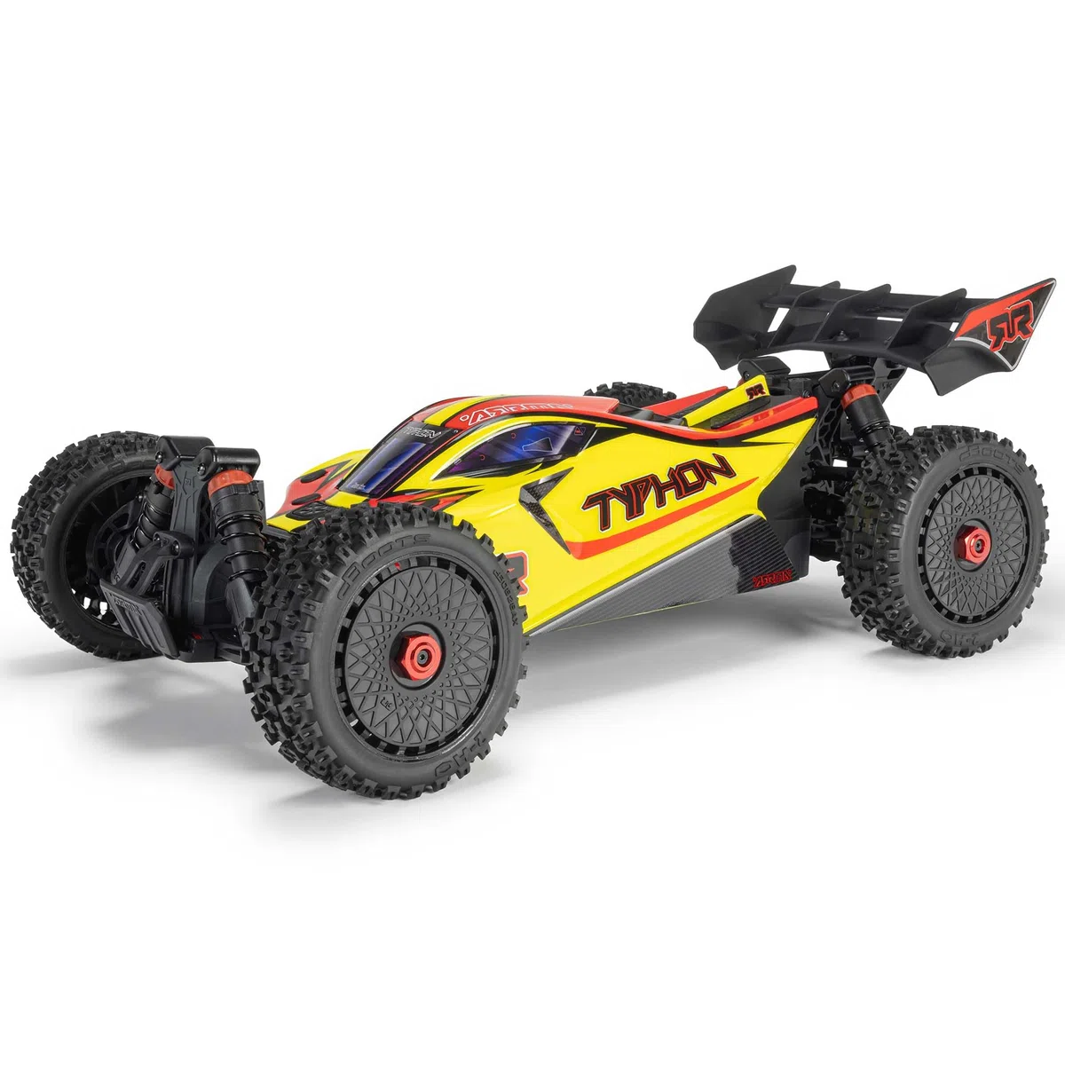 ARRMA Typhon Mega 4X4 RTR 1:8 zdalnie sterowany Buggy Basher Monster Truck, z silnikiem szczotkowym, bez akumulatora i ładowarki, żółty