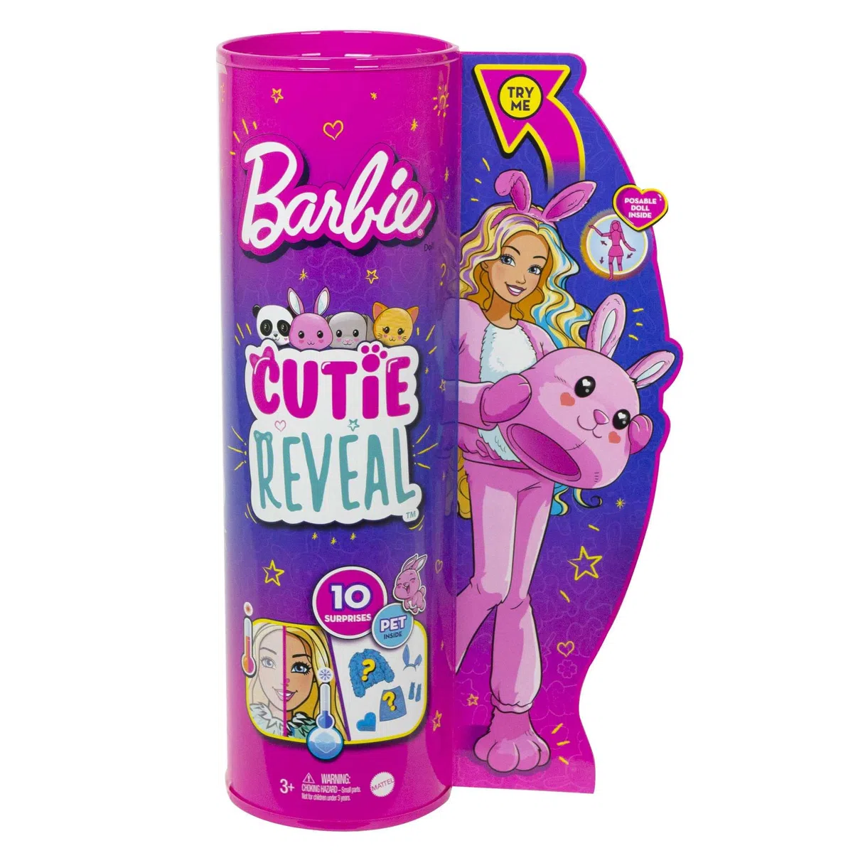 Barbie Cutie Reveal Lalka z kostiumem króliczka i 10 niespodziankami, w tym minizwierzątkiem + zmiana koloru, prezent dla dzieci od 3 roku życia, HHG19